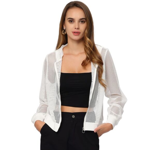 Hoodie Jacket Zip Up Long Sleeve Mesh Sheer Bomber Jackets White - Picture 1 of 6